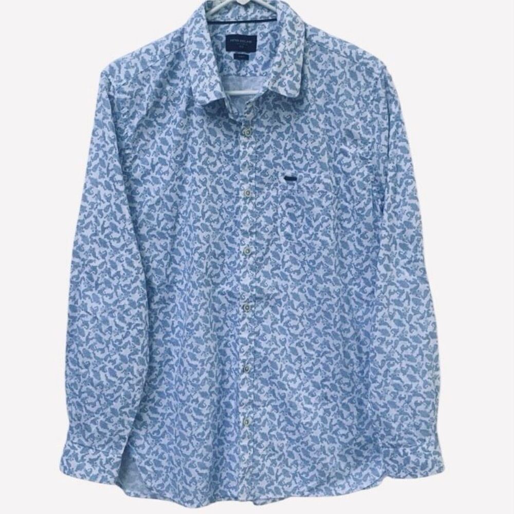Peter England Casuals XL Slim Fit Button Down Shirt Blue White Paisley Print Lon